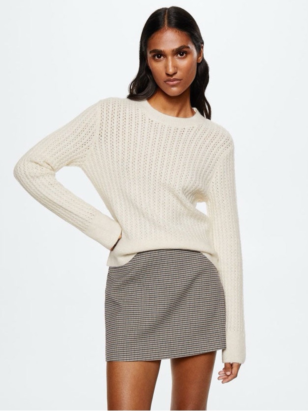 NWT Mango Calady Light Beige / Cream Open-Knit Crewneck Sweater